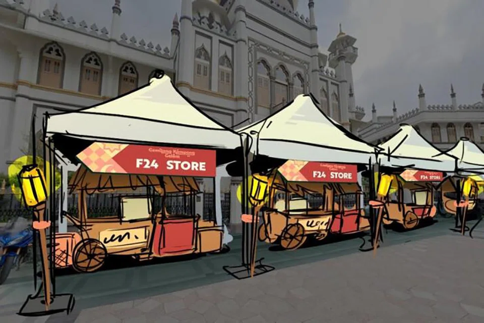 PERANCANGAN BAZAR: Lakaran gerai makanan dan minuman di Bazar Ramadan Kampong Gelam 2025, yang berkonsepkan kedai tolak, di hadapan Masjid Sultan. 