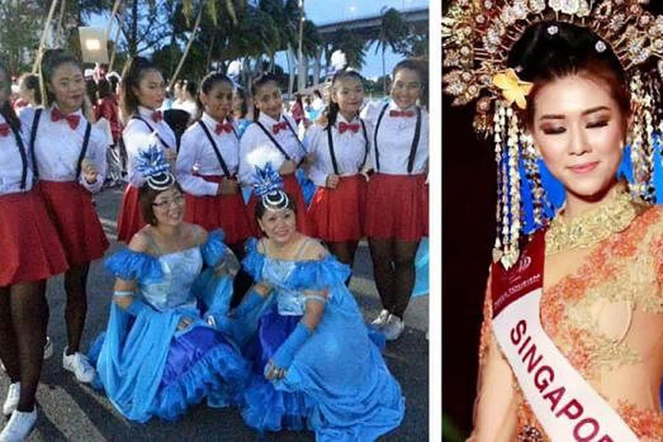 KOSTUM PELBAGAI ACARA: Encik Yusoff menghasilkan kostum buat peserta daripada Persatuan Serani bagi perarakan Chingay 2016 pada esok dan lusa, selain menyediakan busana kebaya dan sanggul goyang bagi peserta pertandingan ratu cantik Singapura, Cik Jojo Tan (kanan), yang memenangi tempat kedua pada pertandingan Miss Tourism Queen 2015 di China. - Foto-foto MIND N BODY ENTERTAINMENT