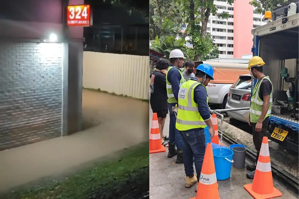 Laluan pejalan kaki di sekitar Blok 324 Clementi Avenue 5 dipenuhi air keruh berwarna coklat setelah paip air pecah pada awal pagi 25 November.