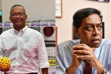 Presiden Persekutuan Sepak Takraw Singapura (Perses), Nasri Haron (kiri), telah digantung pembabitan selama 10 tahun dalam sepak takraw oleh Persekutuan Sepak Takraw Asia (Astaf). Sementara itu, Setiausaha Agung Persekutuan Sepak Takraw Antarabangsa (Istaf) dan Presiden Astaf, Abdul Halim Kader (kanan), ialah antara tiga pihak yang difailkan saman sivil oleh Perses.