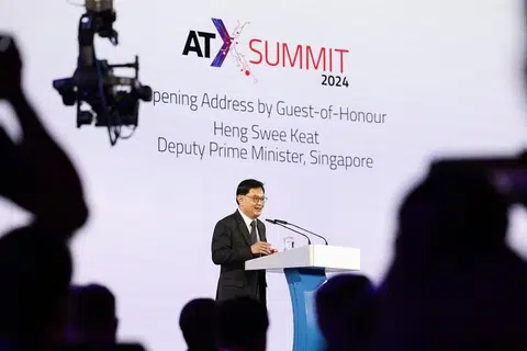 Timbalan Perdana Menteri, Encik Heng Swee Keat, berucap pada Persidangan Asia Tech Summit (ATX) di Capella Singapura pada 30 Mei 2024. 