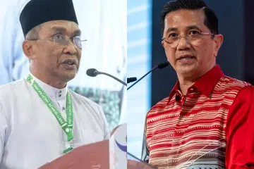 Setiausaha Agung Perikatan Nasional, Datuk Seri Takiyuddin Hassan (kiri), dan Setiausaha Agung Parti Pribumi Bersatu Malaysia (Bersatu), Datuk Seri Mohamed Azmin Ali (kanan).