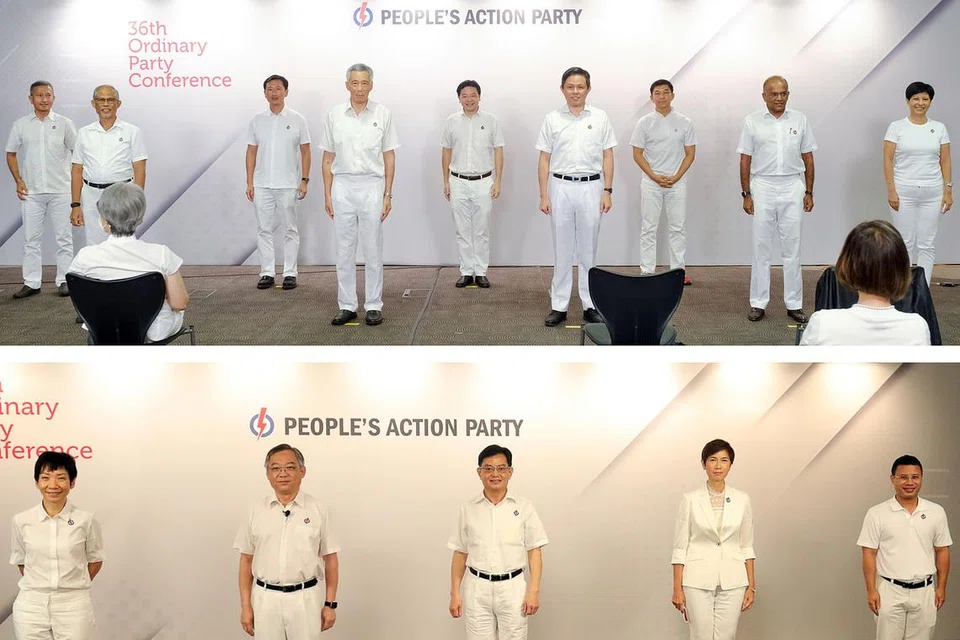 ANGGOTA JAWATANKUASA: (Gambar atas, dari kiri) Dr Vivian Balakrishnan, Encik Masagos Zulkifli, Encik Ong Ye Kung, PM Lee Hsien Loong, Encik Lawrence Wong, Encik Chan Chun Sing, Encik Tan Chuan-Jin, Encik K. Shanmugam dan Cik Indranee Rajah. (Gambar bawah dari kiri) Cik Grace Fu, Encik Gan Kim Yong, DPM Heng Swee Keat, Cik Josephine Teo dan Encik Desmond Lee. Mereka merupakan anggota jawatankuasa eksekutif pusat (CEC) PAP yang ke-36. - Foto-Foto PAP