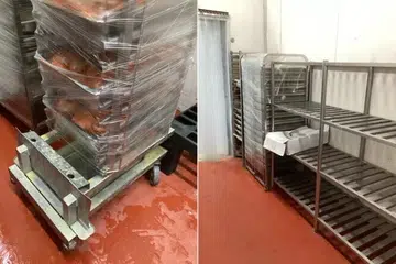 Troli makanan yang kotor (kiri) dan rak-rak yang kotor ditemui di dapur pusat Gourmetz.