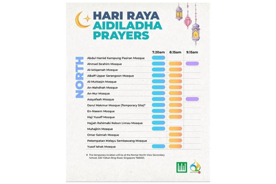 Masjid di kawasan Utara yang menawarkan sesi solat Hari Raya Aidiladha menurut Majlis Ugama Islam Singapura (Muis) menerusi wadah media sosialnya.
