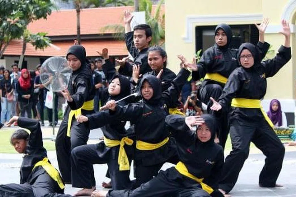 PERTUNJUKAN PENCAK SILAT: Aksi tangkas dalam persembahan silat daripada pelajar pengajian tinggi memukau tumpuan penonton yang hadir di acara Rentak Budaya yang diadakan di Taman Warisan Melayu, Sabtu lalu. Hadirin turut berpeluang menyertai silat tanding yang dibuka kepada orang ramai. - Foto-foto ihsan SHAFIQAH WALID (NTU MLCS)