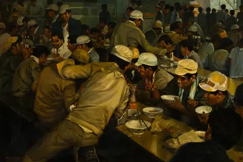 (Kanan) Chua Mia Tee, ‘Workers in a Canteen’, 1974. Cat minyak di atas kanvas, 88.5 x 126.5 cm. Hadiah daripada artis. Koleksi Galeri Nasional Singapura.