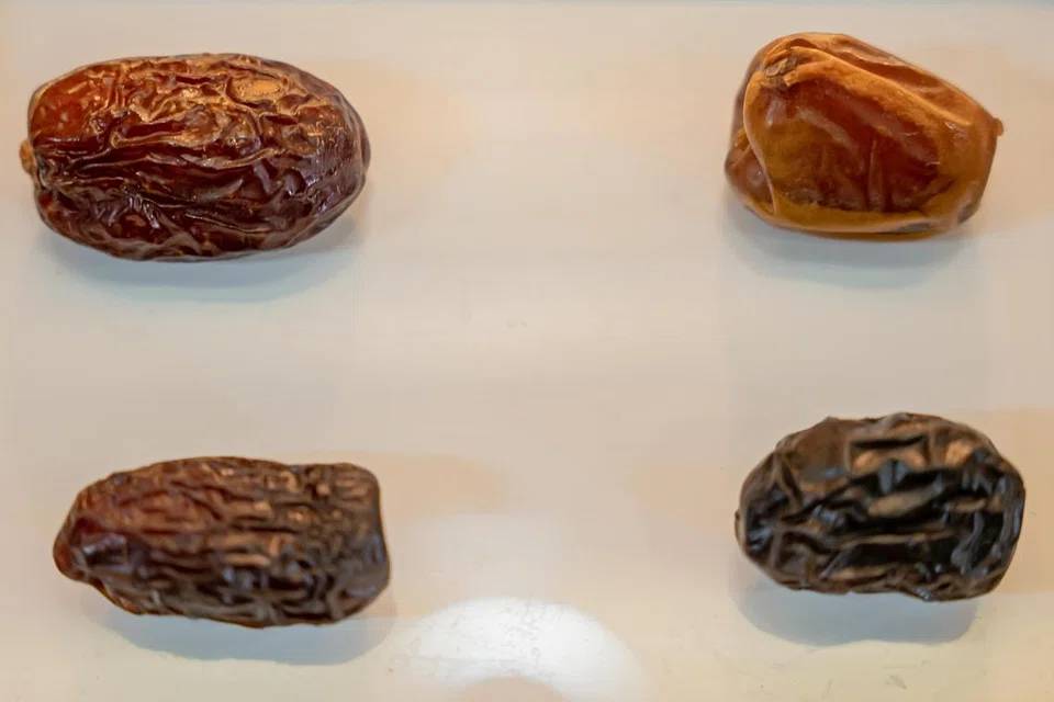 (Dari kiri) Empat jenis kurma dijual di Tamar Madinah, kurma ‘Medjool’, ‘Sukkari’, ‘Safawi’ dan ‘Ajwa’.