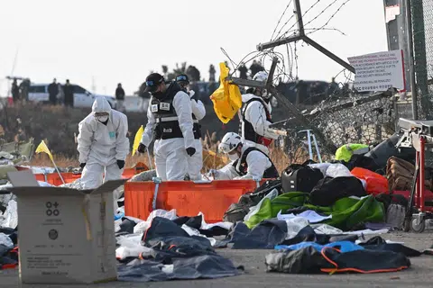 Anggota bomba dan penyelamat dilihat berada di tengah-tengah serpihan pesawat Jeju Air berhampiran tempat kejadian di Lapangan Terbang Antarabangsa Muan di Korea Selatan.