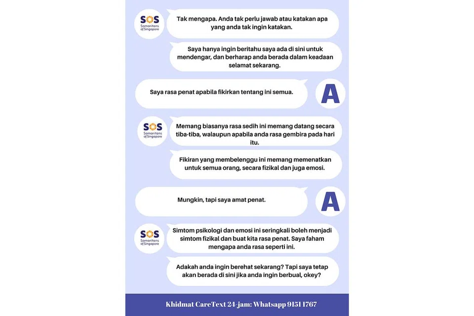 Baru-baru ini badan Samaritans of Singapore (SOS) telah melanjutkan khidmat mesej CareText sepanjang 24 jam bagi memenuhi keperluan pengguna. Berikut merupakan simulasi antara mesej yang diterima SOS.