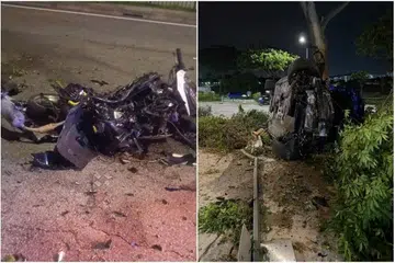Gambar dan rakaman video kemalangan di Tampines Avenue 12 yang tular di media sosial memaparkan keadaan kenderaan terlibat yang remuk teruk.
