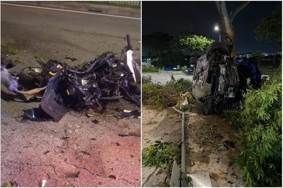 Gambar dan rakaman video kemalangan di Tampines Avenue 12 yang tular di media sosial memaparkan keadaan kenderaan terlibat yang remuk teruk.