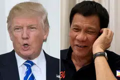 SETUJU BEKERJASAMA DENGAN RAPAT: Encik Donald Trump (kiri) dan Encik Rodrigo Duterte berbual melalui telefon lewat malam kelmarin dan Presiden Filipina itu mengucapkan tahniah di atas kemenangan Encik Trump dalam pilihan raya presiden Amerika Syarikat. - Foto-foto AFP