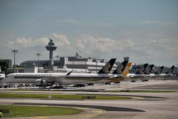 NANTIKAN PENUMPANG: Beberapa pesawat Singapore Airlines dan Scoot kelihatan diletakkan di Lapangan Terbang Changi. - Foto fail