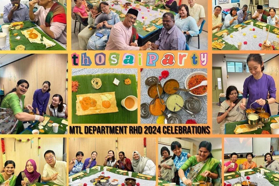 Guru-guru di Pejabat Bahasa Ibunda Sekolah Menengah Changkat Changi, sambut Hari Keharmonian Kaum dengan Pesta Thosai pada 18 Julai.