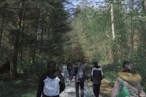 Menikmati keindahan alam semula jadi dengan berjalan-jalan santai di hutan yang rimbun bersama rakan-rakan.