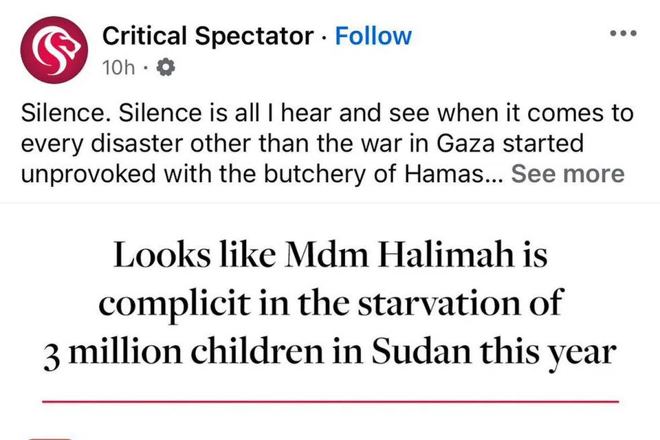 Catatan Facebook Critical Spectator yang antara lain meremehkan penderitaan rakyat Palestin dan mendakwa mantan Presiden, Puan Halimah Yacob, bersubahat dalam beberapa bencana kemanusiaan.
