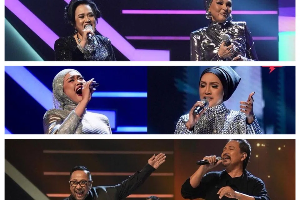 SUNTIKAN TENAGA BINTANG: Peserta All Stars Gegar Vaganza, (dari atas) Noryn Aziz, Liza Hanim dan Ayai Illusi, mendapat aliran semangat positif daripada gandingan bersama artis mapan dan bermutu, Liza Aziz, Ziana Zain dan Datuk M. Nasir.