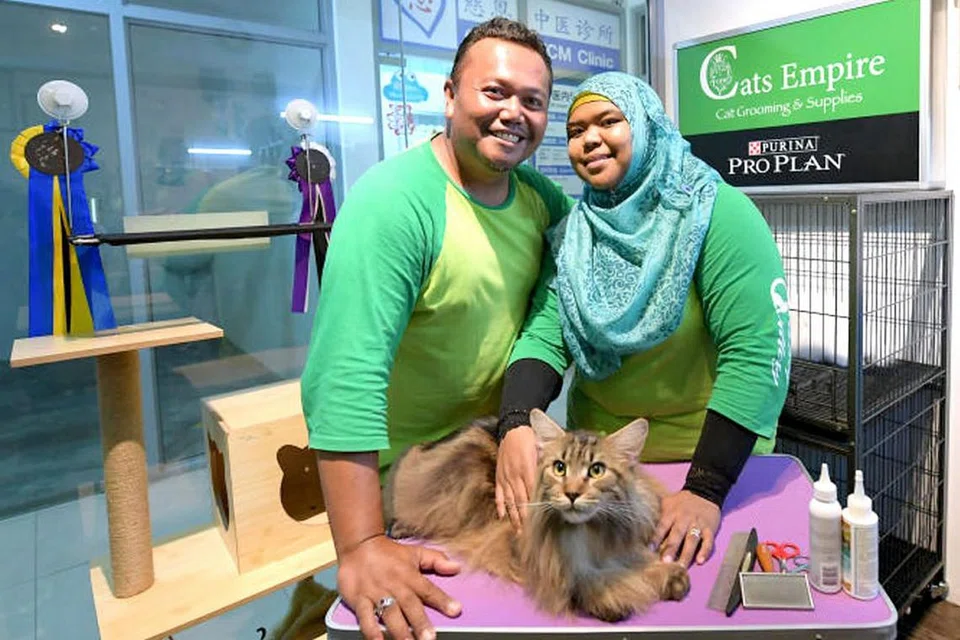 BERMULA DARI MINAT: Pasangan suami isteri Encik Hussein Masor (kiri) dan Cik Fadilah Ismail membuka kedai khidmat penjagaan khusus buat kucing dua tahun lepas dan kini bercadang mahu mengembangkan perniagaan mereka kepada bidang fotografi kucing. Bersama mereka ialah salah satu dari kucing mereka, Toshi. - Foto BH oleh NG SOR LUAN