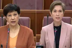 Menteri di Pejabat Perdana Menteri yang juga Menteri Kedua (Kewangan merangkap Pembangunan Negara), Cik Indranee Rajah (kiri), dan Menteri Penerangan dan Pembangunan Digital, Cik Josephine Teo (kanan), menyampaikan kenyataan menteri di Parlimen pada 8 Januari mengenai  pendedahan nombor pengenalan di portal perniagaan Penguasa Pengawalan Perakaunandan Korporat (Acra) pada Disember 2024.