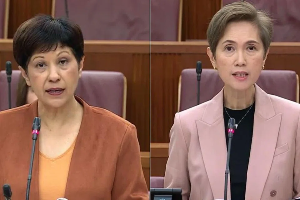 Menteri di Pejabat Perdana Menteri yang juga Menteri Kedua (Kewangan merangkap Pembangunan Negara), Cik Indranee Rajah (kiri), dan Menteri Penerangan dan Pembangunan Digital, Cik Josephine Teo (kanan), menyampaikan kenyataan menteri di Parlimen pada 8 Januari mengenai  pendedahan nombor pengenalan di portal perniagaan Penguasa Pengawalan Perakaunandan Korporat (Acra) pada Disember 2024.