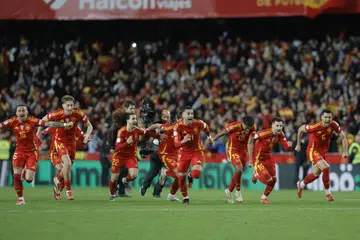 Pemain Sepanyol meraikan kemenangan ke atas Belanda di saingan suku akhir Liga Negara-Negara pada 23 Mac. 