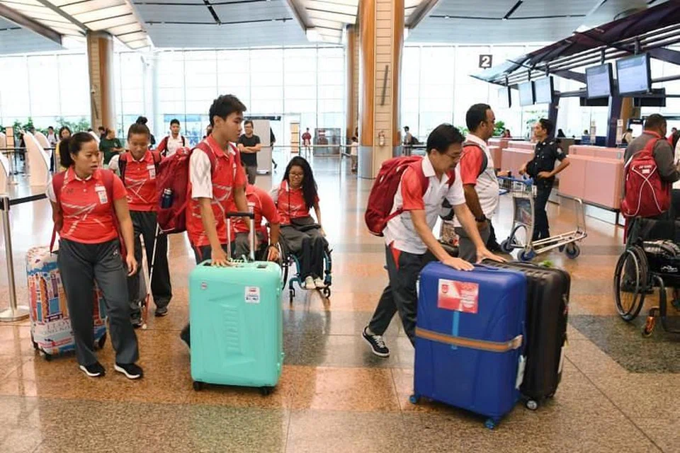SUKAN PARA ASIA: Kumpulan terakhir atlit Singapura yang bakal beraksi di Sukan Para Asia di Lapangan Terbang Changi sebelum ke Jakarta pada 4 Oktober 2018.