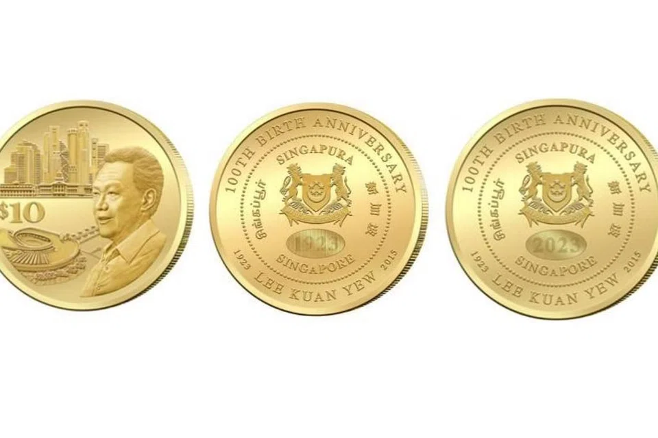 SYILING PERINGATAN: Syiling $10 bagi memperingati ulang tahun ke-100 mendiang Encik Lee Kuan Yew, Perdana Menteri pertama Singapura, dibuat daripada gangsa aluminium.