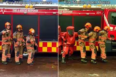 Pegawai bomba dari Balai Bomba Tampines membuat tarian demi menggalak orang ramai datang ke acara rumah terbuka balai bomba SCDF.