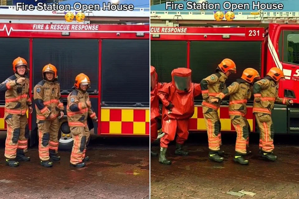 Pegawai bomba dari Balai Bomba Tampines membuat tarian demi menggalak orang ramai datang ke acara rumah terbuka balai bomba SCDF.