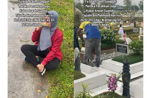 KUBUR DIPECAH: Seorang wanita kelihatan duduk di lantai sambil menyaksikan kubur arwah suami dipecah.