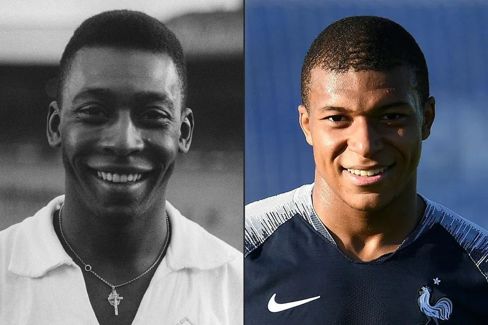 Lincah dan miliki sentuhan penyudah yang berbisa, penyerang muda Perancis, Kylian Mbappe (kanan), menyemarakkan Piala Dunia ini dengan dua golnya ke atas Argentina, yang turut menyaksikannya dibandingkan dengan legenda Pele (kiri). - Foto AFP
