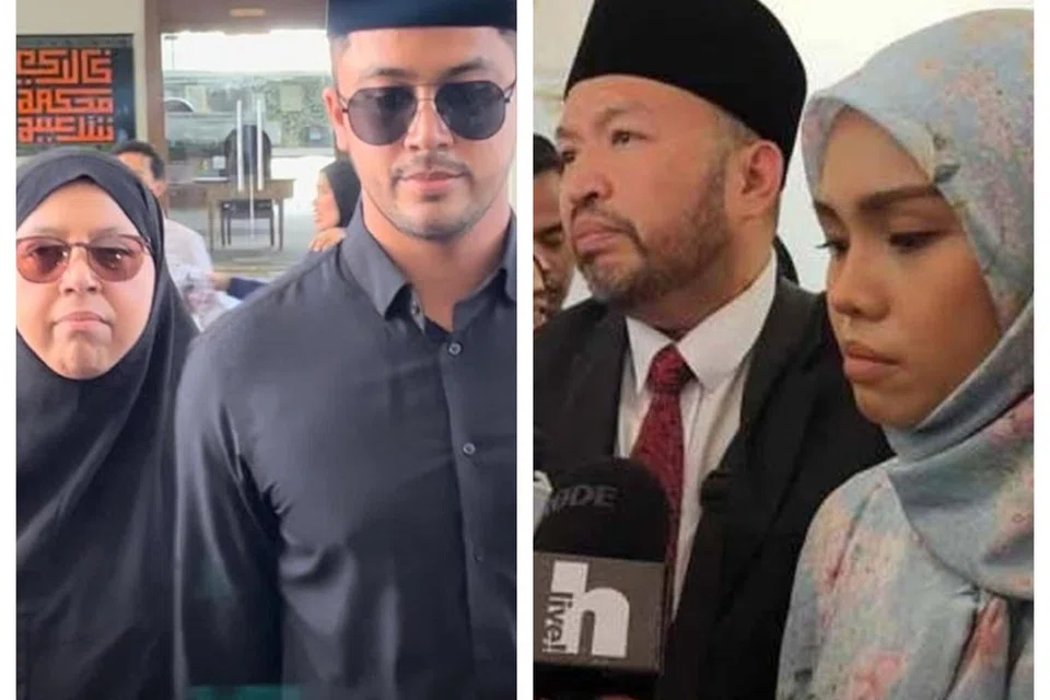 Aliff Aziz (foto kiri) yang ditemani ibunya, Cik Siti Hafizah Basharahil memohon masa untuk menyelamatkan rumah tangganya dan enggan menceraikan isterinya, Bella Astillah (foto kanan) yang diwakili peguam syarie, Encik Azmi Mohd Rais.