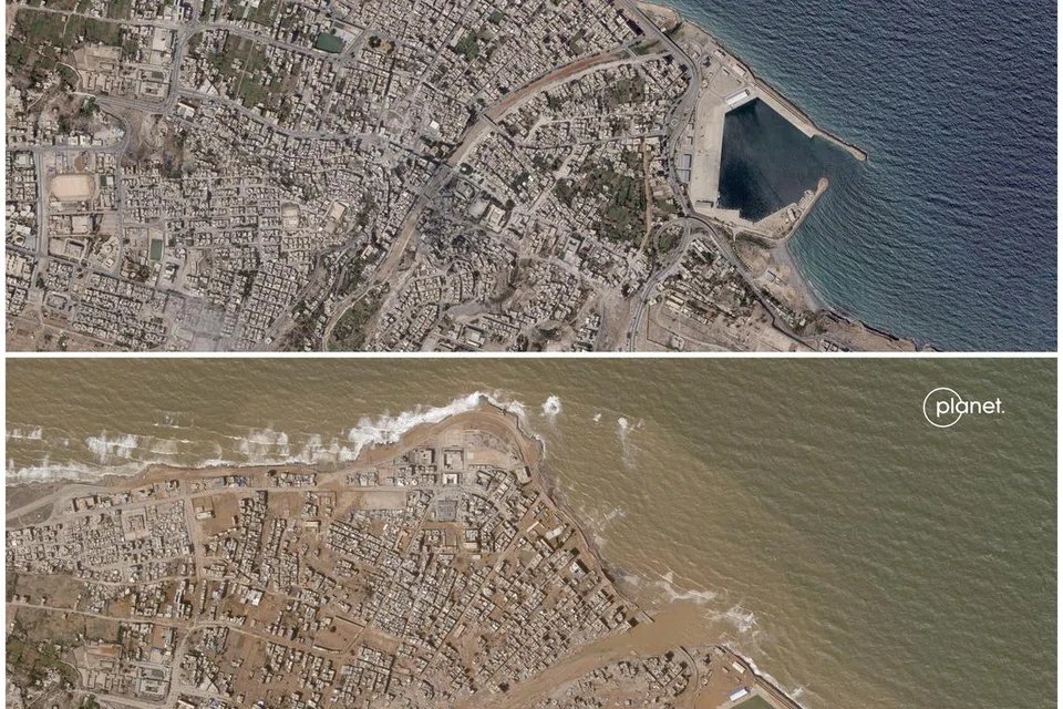 PERBEZAAN NYATA: Kombinasi imej satelit menunjukkan keadaan di Derna sebelum dan selepas dilanda ribut dan hujan lebat. Imej di atas dirakam pada 2 September manakala gambar bawah pada Selasa.