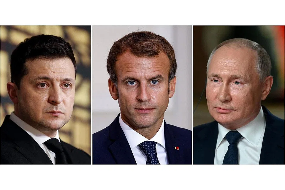 WAJAH TIGA PEMIMPIN: (dari kiri) Presiden Ukraine, Encik Volodymyr Zelensky; Presiden Perancis, Encik Emmanuel Macron; dan, Presiden Russia, Encik Vladimir Putin. - Foto AFP