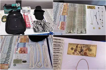 Sebuah kereta, sebuah gergasi bulat yang menggunakan kuasa, pelbagai barang kemas serta wang tunai dalam pelbagai mata wang melebihi $18,000 telah ditemui daripada tiga lelaki tersebut.