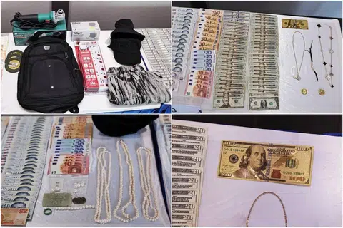 Sebuah kereta, sebuah gergasi bulat yang menggunakan kuasa, pelbagai barang kemas serta wang tunai dalam pelbagai mata wang melebihi $18,000 telah ditemui daripada tiga lelaki tersebut.