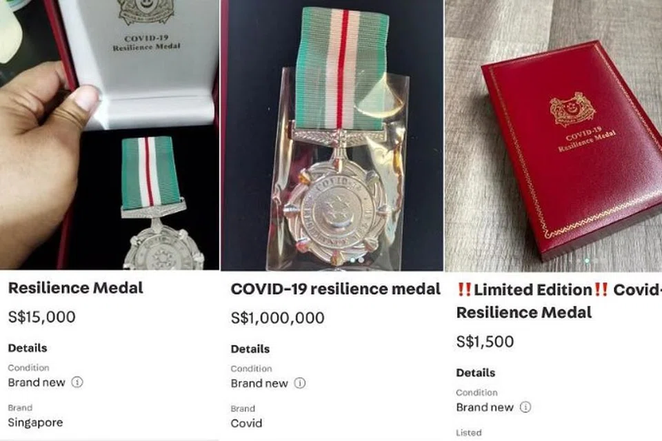 DIJUAL PADA HARGA TINGGI: Terdapat sekurang-kurangnya enam penyenaraian Pingat Ketahanan Covid-19 di Carousell pada tengah hari 13 Disember, dengan harga antara $380 hingga $1 juta.