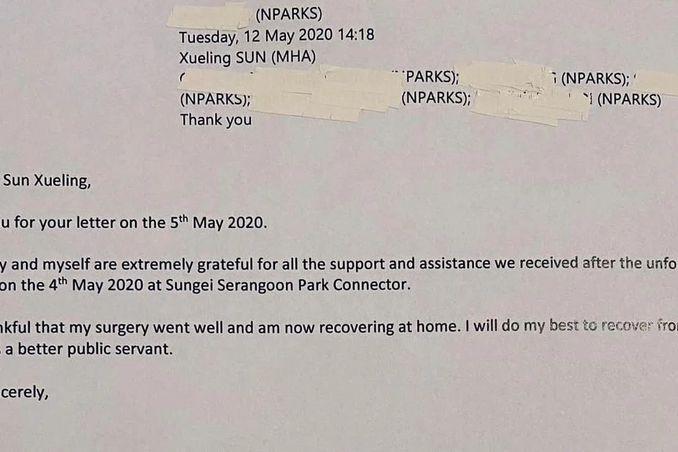 BERKONGSI BERITA: Cik Sun menyertakan e-mel dari pegawai yang cedera, di mana dia mengucapkan terima kasih atas dukungan dan dorongan yang diterimanya.