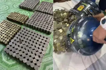 HASIL SIMPANAN TUJUH TAHUN: Gergaji digunakan untuk memotong botol itu dan video menunjukkan duit syiling 50 sen yang tersusun rapi.