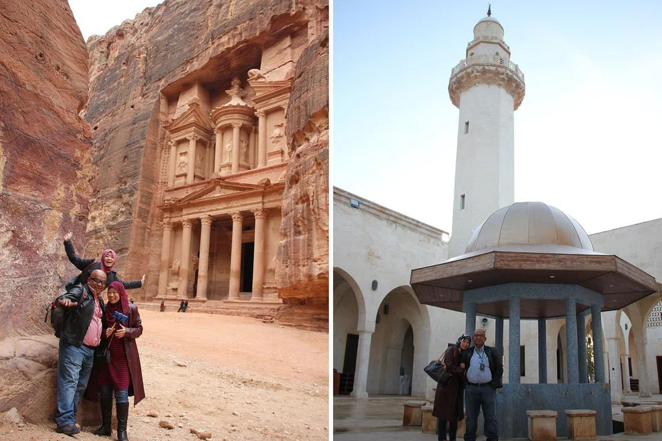 (Gambar kiri) TERKESIMA DENGAN PEMANDANGAN DI PETRA: Penulis (kanan) bersama suami dan anaknya ketika berkunjung ke Petra, salah satu daripada Tujuh Keajaiban Dunia. (Gambar kanan) ZIARAH MAKAM NABI SHUIB: Jordan turut dikenali sebagai 'Bumi Anbia' kerana terdapat banyak makam Nabi dan wali Allah. - Foto-foto ihsan HASNAH ABDULLAH TOH