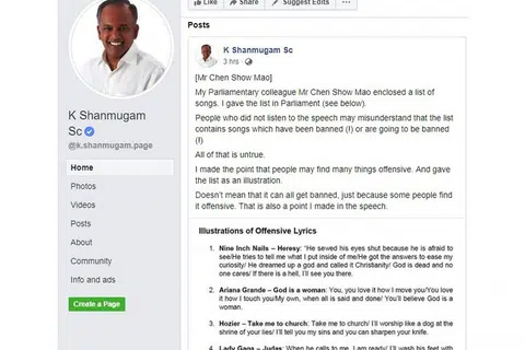 CONTOH LAGU YANG MUNGKIN DIANGGAP OFENSIF: Encik Shanmugam berkata senarai lagu yang diberikannya di Parlimen kelmarin adalah contoh lagu dengan lirik yang boleh dianggap ofensif oleh orang ramai, tetapi ia tidak bermakna semua lagu tersebut akan diharamkan. - Foto TANGKAP LAYAR FACEBOOK K. SHANMUGAM