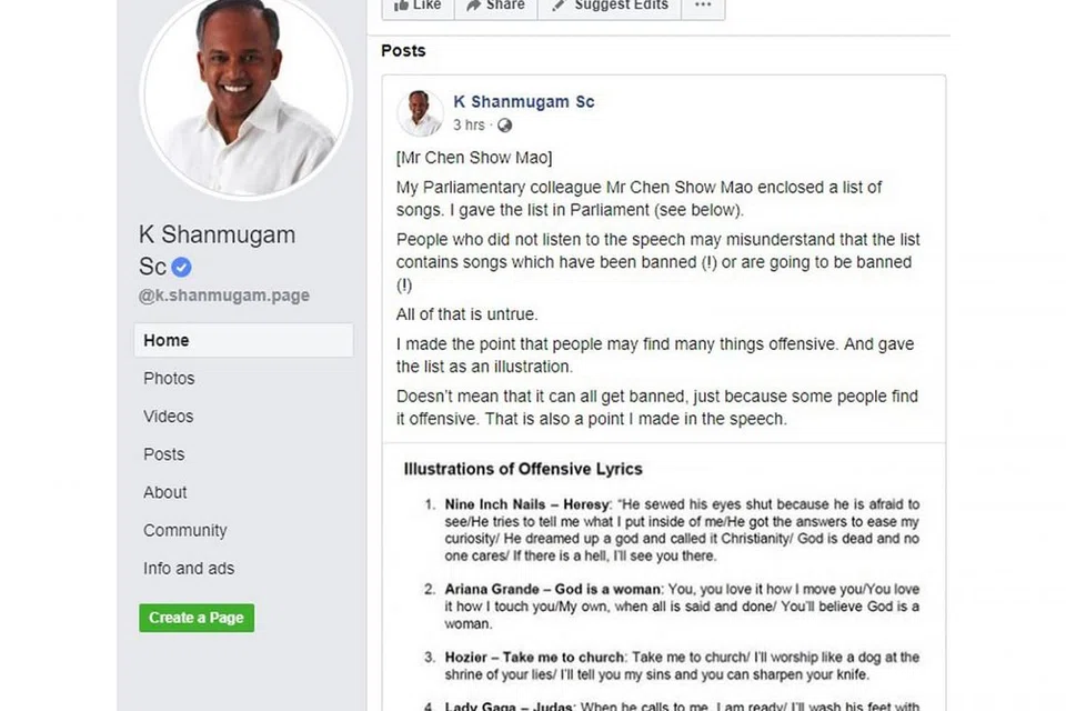 CONTOH LAGU YANG MUNGKIN DIANGGAP OFENSIF: Encik Shanmugam berkata senarai lagu yang diberikannya di Parlimen kelmarin adalah contoh lagu dengan lirik yang boleh dianggap ofensif oleh orang ramai, tetapi ia tidak bermakna semua lagu tersebut akan diharamkan. - Foto TANGKAP LAYAR FACEBOOK K. SHANMUGAM