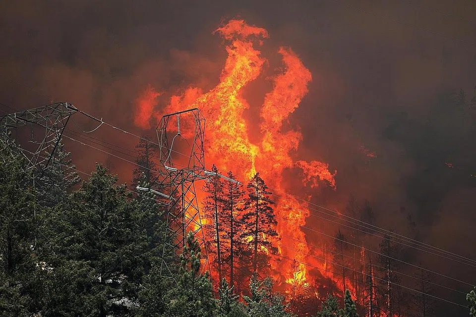 SUHU SEMAKIN TINGGI: Talian kuasa dijilat api ketika Kebakaran Dixie merebak di Hutan Nasional Plumas di California, Amerika Syarikat, pada 15 Julai. - Foto REUTERS