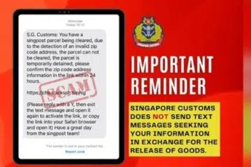Dalam catatan Facebook pada 13 September, Kastam Singapura berkata terdapat edaran khidmat pesanan ringkas (SMS) yang mendakwa daripada agensinya dengan pengenalan diri sebagai “S.G. Customs”.