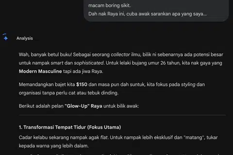 Dengan arahan yang telah diberikan, Gemini AI pun memberi panduan dan cadangan bagi menukar wajah bilik penulis. Ia juga memberi senarai barangan untuk dibeli berdasarkan had bajet yang telah ditetapkan.