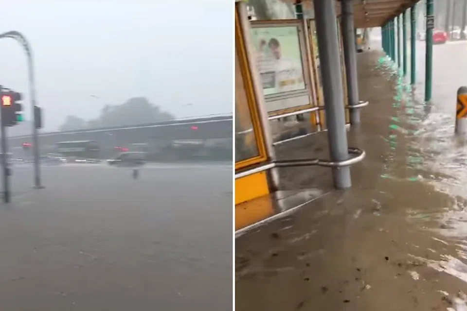 BANJIR MELANDA: Banjir kilat hingga paras tempat duduk perhentian bas dilihat dalam beberapa video dipercayai dirakam di kawasan Jurong West.