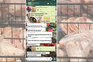 PEGAWAI ATASAN: Tangkapan skrin mesej WhatsApp antara seorang ejen dan seorang pegawai mengenai transaksi untuk tidak mempedulikan undang-undang dan membenarkan kontena daging untuk keluar dari pelabuhan tanpa masalah. - Foto-foto NST 