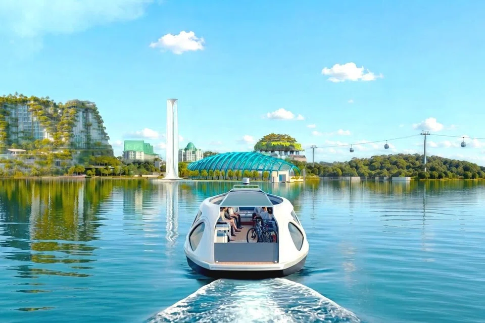 Grafik janaan AI yang menunjukkan perkhidmatan teksi air di Sentosa dan Pulau Brani yang sedang diteroka.