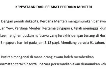 PERGINYA SEORANG PEMIMPIN: Kenyataan PMO tentang pemergian Encik Lee Kuan Yew awal pagi tadi. - Foto